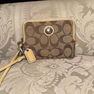Coach Brown and Tan Wristlet with Yellow Trim